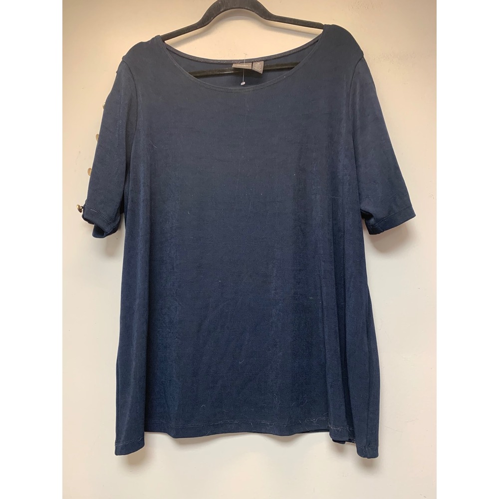 Chico's Travelers Top Women Size 3 Navy Blue Excellent Gold Button Cutout Sleeve